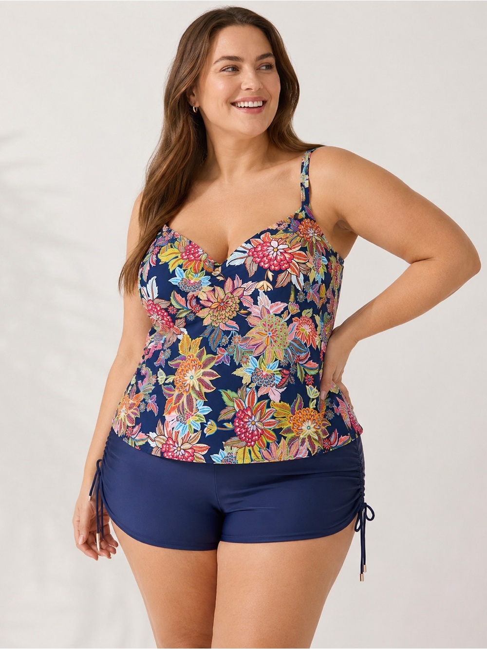 Bleu Rod Beattie Floral Underwire Tankini Top Plus Navy Tropical Swim NEW